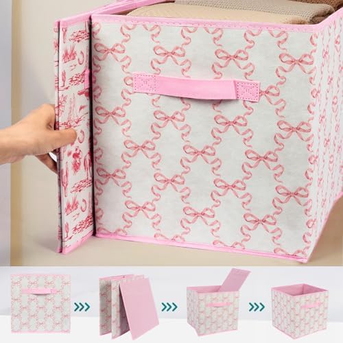 6 Pcs Pink Bow Cube Storage Bins 12.5 Inch Storage Basket - Image 2