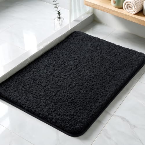 Polyester Bathroom Rug 17"x24" Black, Non-Slip Soft Shaggy Bath Mat by Kildoss