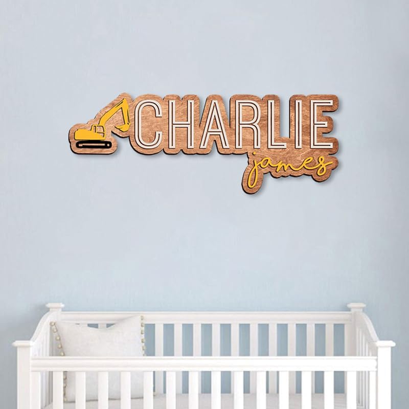 Custom baby name sign, Excavator truck decor - Image 4