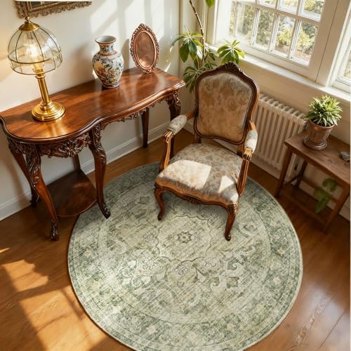 4ft Washable Round Rugs for Bedroom: Circle Living Room Rug Boho Vintage Non by palohom