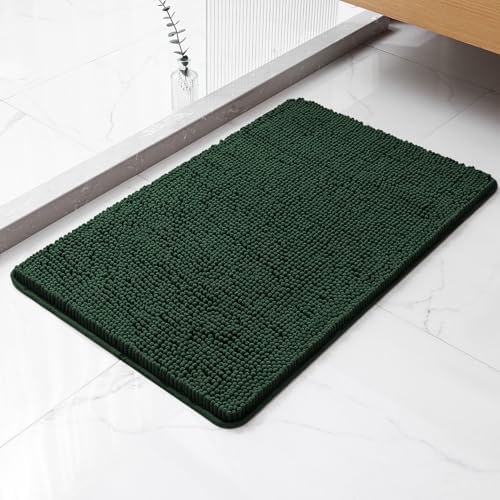 Chenille Bathroom Rug 20"x32" Dark Green, Non-Slip Plush Bath Mat by Kildoss