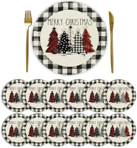 Artoid Mode Waterclor Buffalo Plaid Christmas Trees Merry Xmas Round Placemats by ArtoidMode