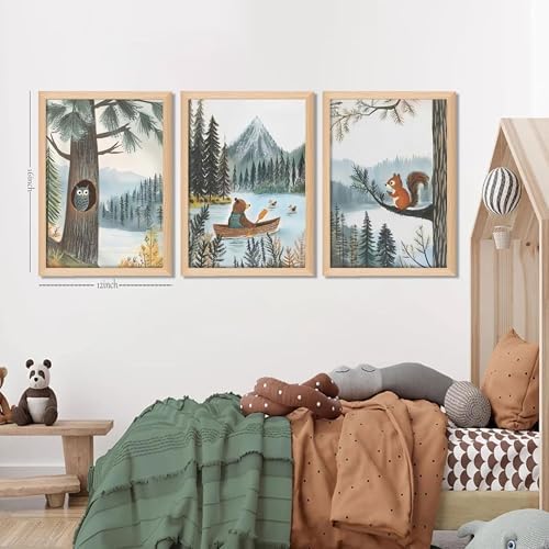 Framed Cute Animals Wall Art Set of 3, Woodland Bear Canoe Adventure Nursery - Image 3
