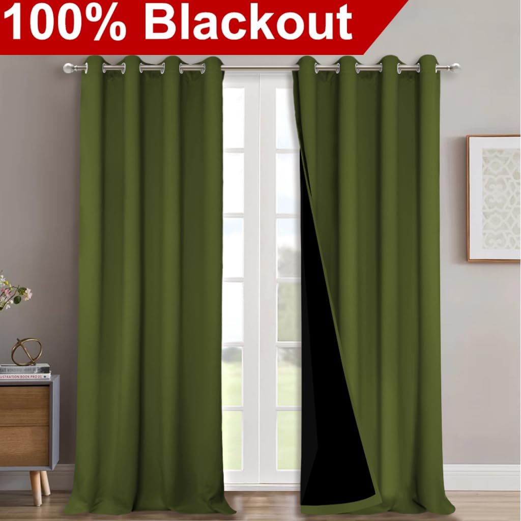 NICETOWN 100% Blackout Curtains for Windows, Pack of 2, Olive Green, 52" W x 120" L, Super Heavy-Duty Black Lined Total Darkness Drapes for Bedroom, Privacy Assured Window Treatment for Patio