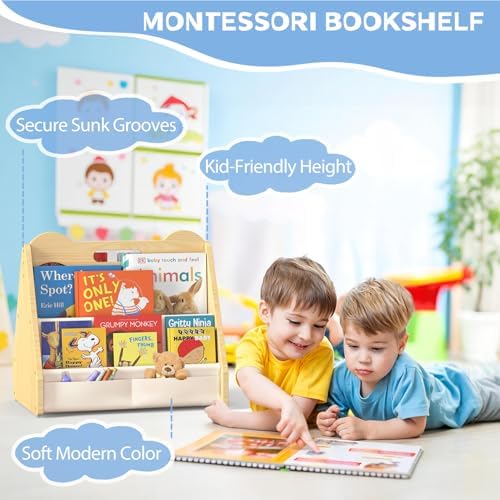 Solid Pine Wood Kids Bookshelf, Double-Sided Nursery Book Shelves, Portable - Image 6