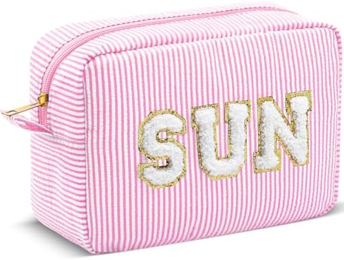 Sanwuta Seersucker Cosmetic Bags Sun Bags Stripe Preppy Cosmetic Bag Sunscreen by Sanwuta