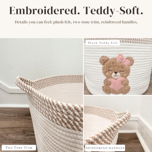 Pink Teddy Bear Baby Storage Basket, Cotton Rope Nursery Bin, 15x11 in - Image 4