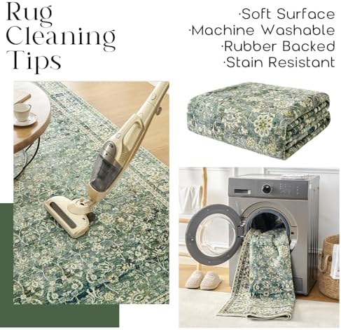 9 x 12 Rug Washable Floral Vintage Navy Green Large Rugs - Image 4