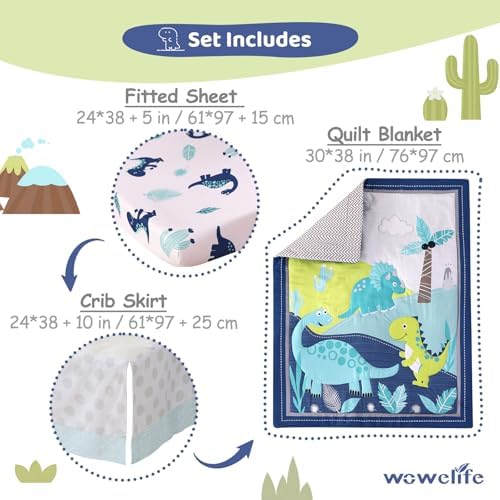 Dinosaur Mini Crib Bedding Set for Boys Blue Premium 3-Piece Baby Bedding Sheet - Image 4