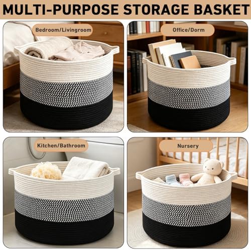 90L Extra Large Blanket Basket, Woven Laundry Basket-Mixed Black - Image 6