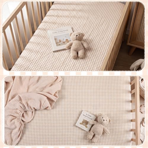 Breling 2 Pcs Muslin Khaki and Khaki Gingham Crib Sheets Netural - Image 6