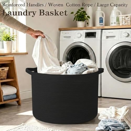 90L Extra Large Blanket Basket, Woven Rope Laundry Basket-Black - Image 5