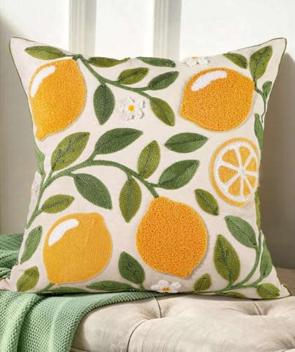 Embroidered Throw Pillow Cover, 18x18 Inch, Lemon Branch by Kokaaee