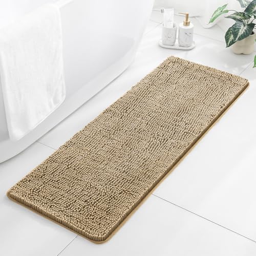 Chenille Bathroom Runner Rug 17"x47" Beige, Plush Bath Mat by Kildoss