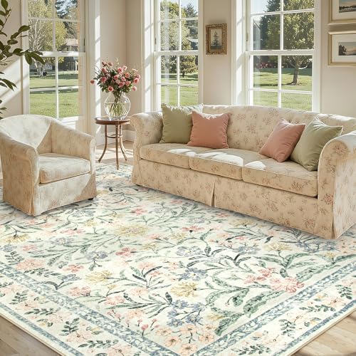 Lahome 9x12 Rugs for Bedroom, Boho Cream Floral Kids Room Rug by Lahome