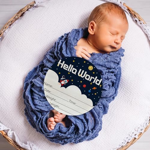 Birth Announcement Sign Hello World Baby Name Wood Spaceship Theme - Image 3
