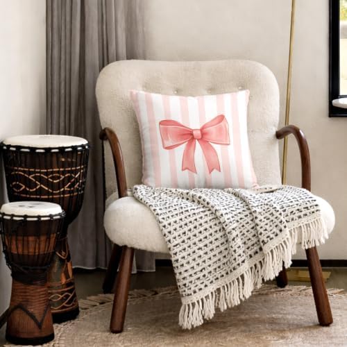 Coral Bow Decorative Throw Pillow 18x18 Inch – Cute Blush Pink Striped Pillow - Image 4