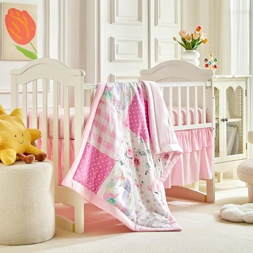 Patchwork Crib Bedding Set Unicorn Plaid Floral Design 3 Pieces Baby Girl Cute - Image 3