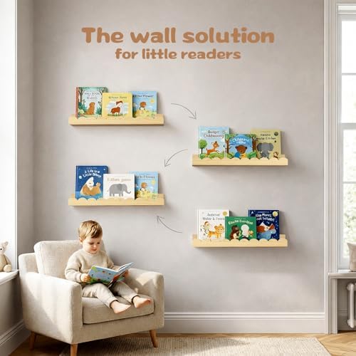 Nursery Floating Shelves for Kids Room, 4 Pack 15.7 Inch Natural Wood Wall - Image 5