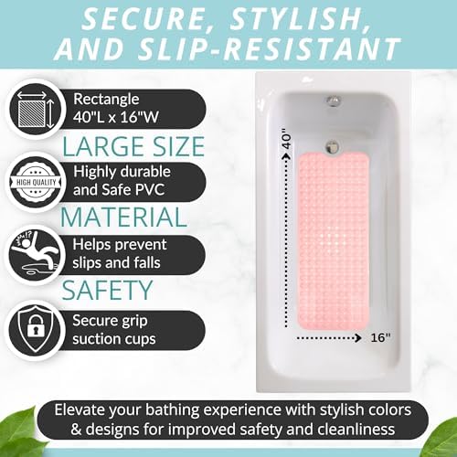 ENKOSI Non-Slip Bath Mat and Shower Mat 40x16 Extra Long, Baby Pink - Image 3