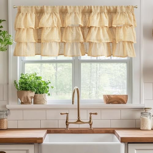 jinchan Ruffled Valance Curtain 18 Inch Farmhouse Sheer 1 Panel Taupe - Image 2