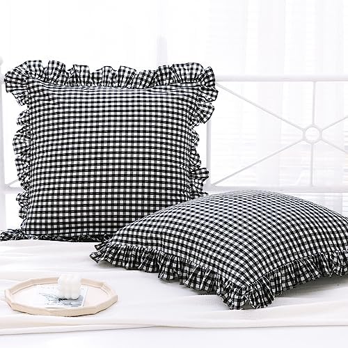 2 Pack Black Gingham Ruffle Euro Shams Pillow Covers 26"x26" by KMASANIJI