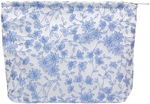 Flat Makeup Bag for Women, Zipper Cosmetic Pouch for Purse, Brocade Silver by PAZIMIIK