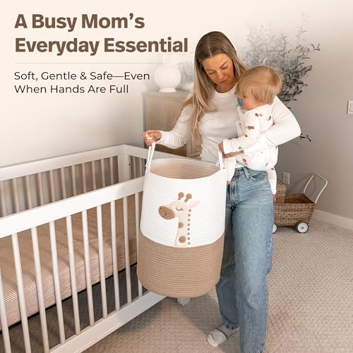 Giraffe Baby Laundry Basket, Tall Woven Rope Nursery Hamper, 20x15 in - Image 4