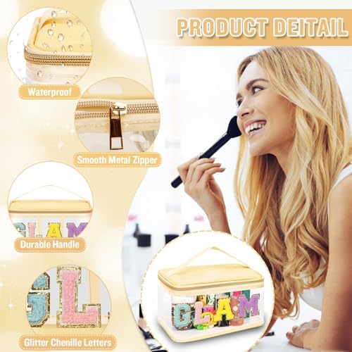 Chenille Letter Clear Makeup Bags Glam Pouch, Preppy Patch Makeup Bag Zipper - Image 3