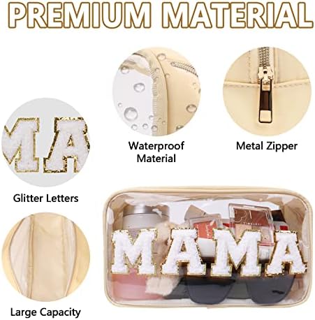Iqimott Clear Patch Makeup Bag Mama Pouch, Preppy Personalized Chenille Letter - Image 3