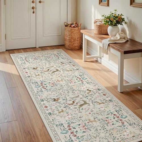 Runner Rug Washable Runners Kitchen Rugs Non Slip Neutral Floral Carpet - Image 2