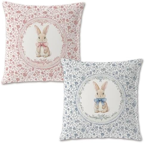 Pink and Blue Chinoiserie Easter Bunny Pillow Covers 18x18 Set of 2, Coquette by Zomhix