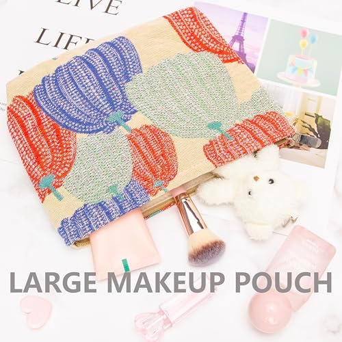 Flat Makeup Bag for Women, Zipper Cosmetic Pouch for Purse, Linen Colorful - Image 5