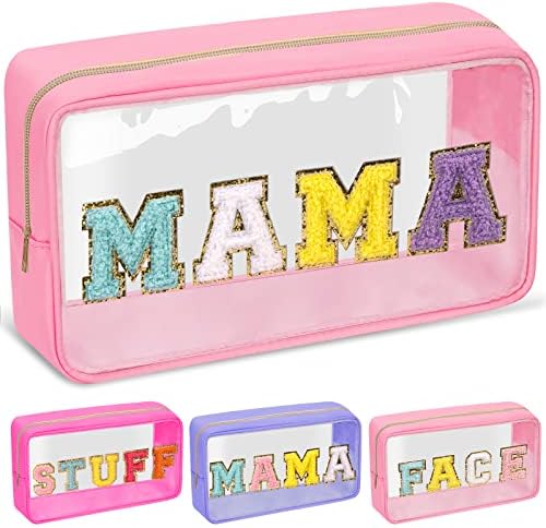 Chenille Letter Clear Makeup Bags Mama Pouch, Preppy Patch Makeup Bag by izuzta