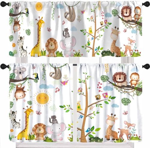 Kids Forest Animals Valance Curtains, Cartoon Elephants Giraffes, Lions Parrots by Unknown
