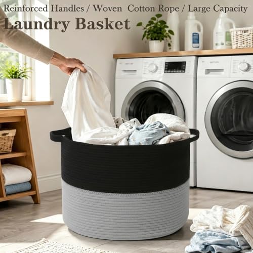 65L Large Blanket Basket, Woven Laundry Basket-Black&Light Grey - Image 5
