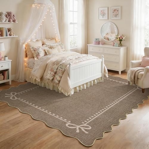 Garvee Scalloped Bow Rug Brown Washable Solid 3x5 Area Rugs - Image 2