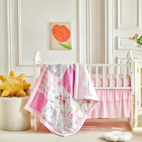 Patchwork Crib Bedding Set Unicorn Plaid Floral Design 3 Pieces Baby Girl Cute - Image 5