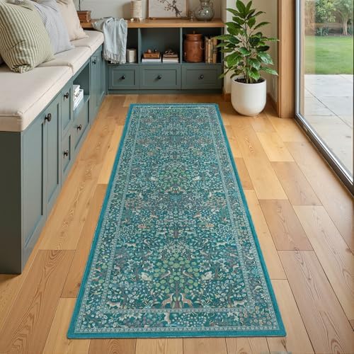 Whimsical Teal 2x6 Runner Rug for Entryway, Low Pile Ultra Thin Boho Kitchen - Image 4