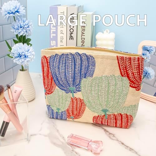 Flat Makeup Bag for Women, Zipper Cosmetic Pouch for Purse, Linen Colorful - Image 2