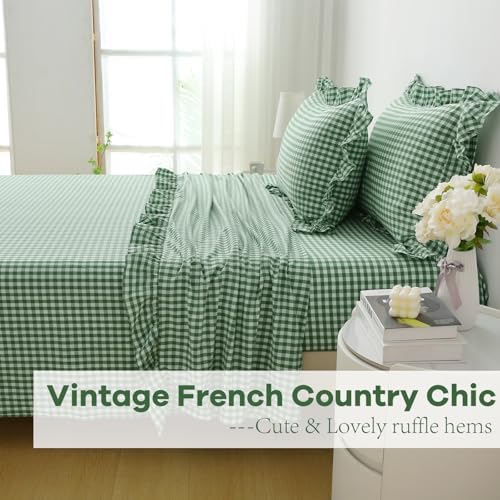 2 Pack Christmas Green White Plaid Ruffle Gingham King Size Pillow Shams - Image 6