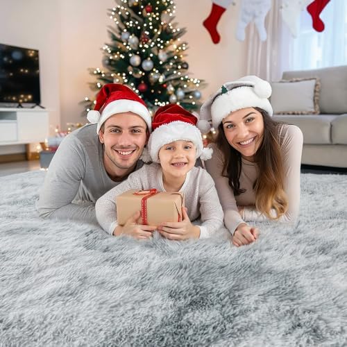 Tie-Dye Light Grey Shag Rug, Washable Non Slip Fluffy Kids Carpet - Image 2