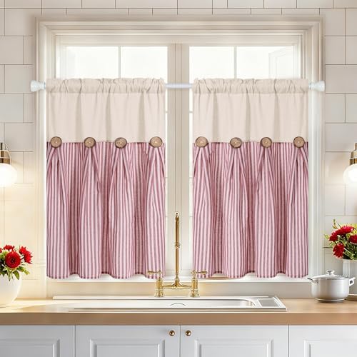 ASPMIZ Linen Kitchen Curtains 24 Inch Length, Farmhouse Boho Button Kitchen by ASPMIZ
