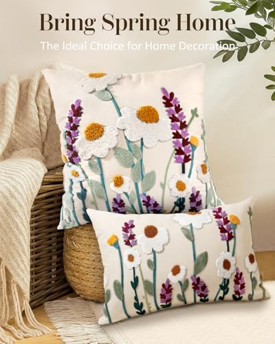 Embroidered Throw Pillow Cover, 20x12 Inch, Wildflower - Image 5