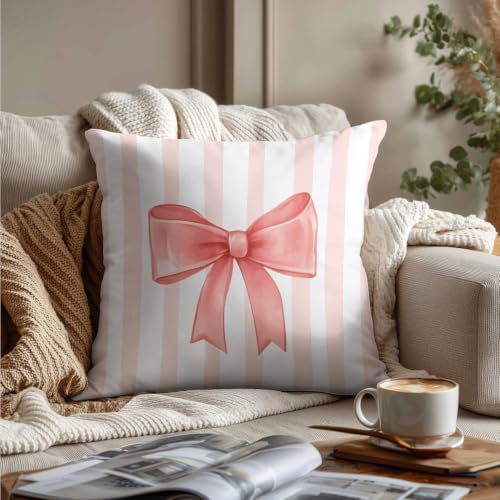 Coral Bow Decorative Throw Pillow 18x18 Inch – Cute Blush Pink Striped Pillow - Image 3