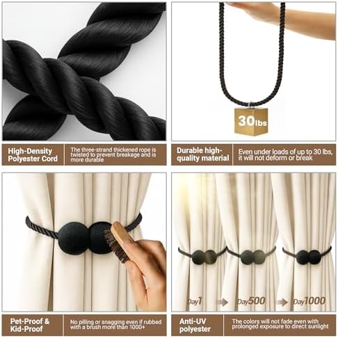 Hion Magnetic Curtain Tiebacks Black 2pcs, Curtain Holdbacks Hooks Holders - Image 3
