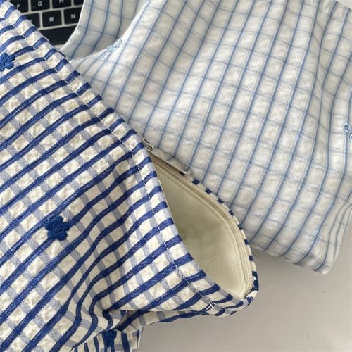 Flat Makeup Bag for Women, Zipper Cosmetic Pouch for Purse, Gingham Blue - Image 7