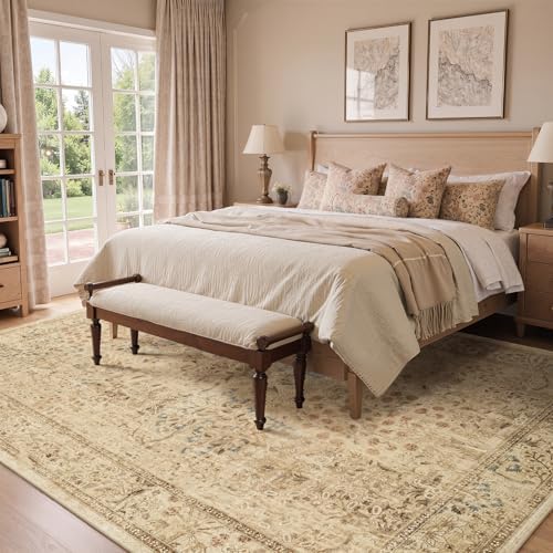 Neutral Tan Rugs for Living Room 8x10, Low Pile Thin Washable Area Rug for - Image 3