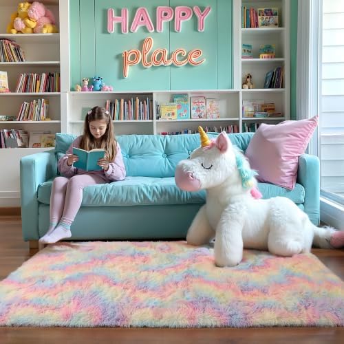 KICHOWUA 4x6 Fluffy Fuzzy Kids Shag Rainbow Rug - Image 6