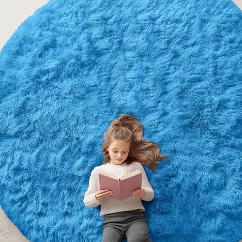 OLANLY Bright Blue Round Rugs for Bedroom by OLANLY